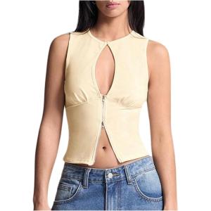 imageSOLY HUX Womens Cut Out Half Zip Tank Top Sleeveless Crew Neck Y2k Going Out Crop TopsSolid Apricot