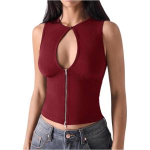 imageSOLY HUX Womens Cut Out Half Zip Tank Top Sleeveless Crew Neck Y2k Going Out Crop TopsSolid Red