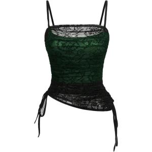 imageSOLY HUX Womens Ruched Lace Cami Top Drawstring Sleeveless Clubwear Sexy Gothic TopsBlack and Green
