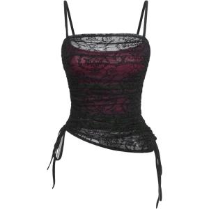 imageSOLY HUX Womens Ruched Lace Cami Top Drawstring Sleeveless Clubwear Sexy Gothic TopsBlack and Red