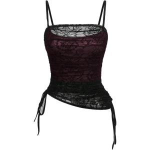 imageSOLY HUX Womens Ruched Lace Cami Top Drawstring Sleeveless Clubwear Sexy Gothic TopsBurgundy and Black