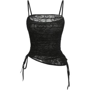 imageSOLY HUX Womens Ruched Lace Cami Top Drawstring Sleeveless Clubwear Sexy Gothic TopsPlain Black