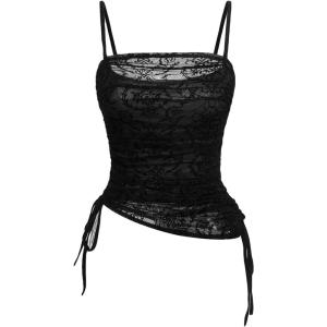 imageSOLY HUX Womens Ruched Lace Cami Top Drawstring Sleeveless Clubwear Sexy Gothic TopsSolid Black