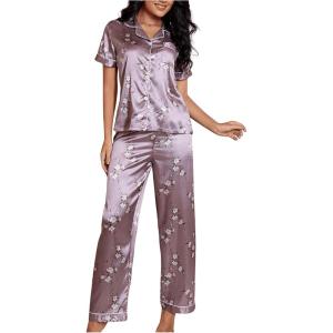imageSOLY HUX Womens Silk Satin Pajama Sets Floral Print Short Sleeve Sleepwear Button Down Shirt and Pants SetsPurple Floral