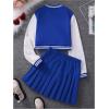 imageSOLY HUX Girls Casual 2 Piece Outfits Color Block Letter Varsity Jacket and Pleated Skirt SetBlue Letter