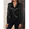 imageSOLY HUX Womens Satin Silk Blouses Wrap V Neck Puff Long Sleeve Shirts Casual Office Work TopsSolid Black