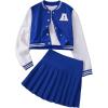 imageSOLY HUX Girls Casual 2 Piece Outfits Color Block Letter Varsity Jacket and Pleated Skirt SetBlue Letter
