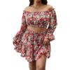 imageSOLY HUX Womens 2 Piece Outfits Plus Size Floral Print Off Shoulder Crop Top and Ruffle Hem Skirt SetMulticoloured
