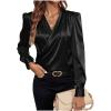 imageSOLY HUX Womens Satin Silk Blouses Wrap V Neck Puff Long Sleeve Shirts Casual Office Work TopsSolid Black
