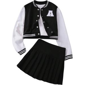 imageSOLY HUX Girls Casual 2 Piece Outfits Color Block Letter Varsity Jacket and Pleated Skirt SetBlack Letter