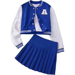 imageSOLY HUX Girls Casual 2 Piece Outfits Color Block Letter Varsity Jacket and Pleated Skirt SetBlue Letter