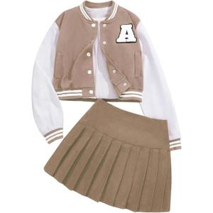 imageSOLY HUX Girls Casual 2 Piece Outfits Color Block Letter Varsity Jacket and Pleated Skirt SetKhaki Letter