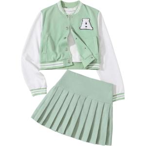 imageSOLY HUX Girls Casual 2 Piece Outfits Color Block Letter Varsity Jacket and Pleated Skirt SetMint Green Letter