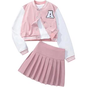 imageSOLY HUX Girls Casual 2 Piece Outfits Color Block Letter Varsity Jacket and Pleated Skirt SetPink Letter