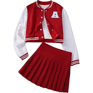 imageSOLY HUX Girls Casual 2 Piece Outfits Color Block Letter Varsity Jacket and Pleated Skirt SetRed Letter