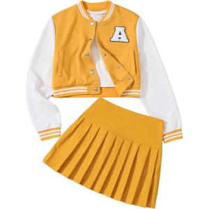 imageSOLY HUX Girls Casual 2 Piece Outfits Color Block Letter Varsity Jacket and Pleated Skirt SetYellow Letter