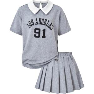 imageSOLY HUX Girls Pleated Skirt Set Short Sleeve Collared T Shirt and Skirts 2 Piece Outfits Preppy ClothesGrey Letter