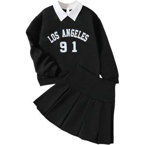 imageSOLY HUX Girls Sweatsuit Letter Graphic Collared Long Sleeve Sweatshirt Pleated Skirts Fall 2 Piece OutfitsBlack Letter