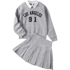imageSOLY HUX Girls Sweatsuit Letter Graphic Collared Long Sleeve Sweatshirt Pleated Skirts Fall 2 Piece OutfitsLight Grey