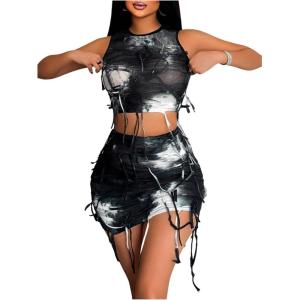 imageSOLY HUX Womens 2 Piece Outfits Tie Dye Ripped Sleeveless Crop Tank Tops and Bodycon Mini Skirt SetBlack and White Tie Dye