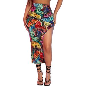 imageSOLY HUX Womens Butterfly Print Split Ruched High Waist Sexy Bodycon Midi Skirt Multicolor M