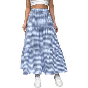 imageSOLY HUX Womens Maxi Skirt Elastic High Waist Ruffle Hem Casual Long SkirtsBlue Plaid