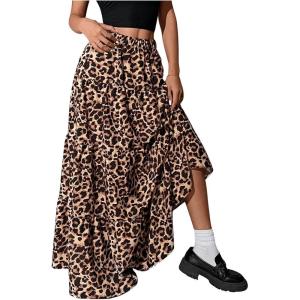 imageSOLY HUX Womens Maxi Skirt Elastic High Waist Ruffle Hem Casual Long SkirtsMulticoloured Leopard