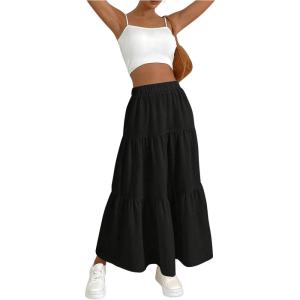 imageSOLY HUX Womens Maxi Skirt Elastic High Waist Ruffle Hem Casual Long SkirtsPlain Black