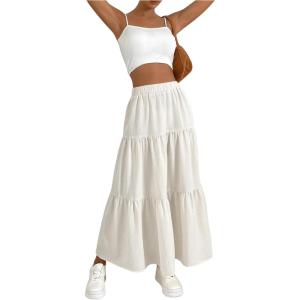 imageSOLY HUX Womens Maxi Skirt Elastic High Waist Ruffle Hem Casual Long SkirtsPlain White