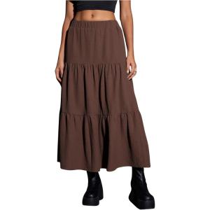 imageSOLY HUX Womens Maxi Skirt Elastic High Waist Ruffle Hem Casual Long SkirtsSolid Coffee Brown