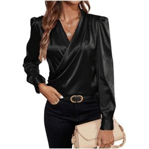 imageSOLY HUX Womens Satin Silk Blouses Wrap V Neck Puff Long Sleeve Shirts Casual Office Work TopsSolid Black
