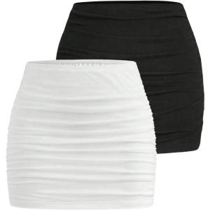 imageSOLY HUX Womens Sexy High Waisted Ruched Bodycon Mini Skirt 2 Packs Skinny Short SkirtsBlack and White