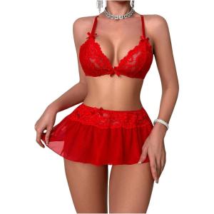imageSOLY HUX Womens Sexy Lingerie Set 3 Piece Lace Bralette Mini Skirt with Thongs Babydoll SetsPlain Red