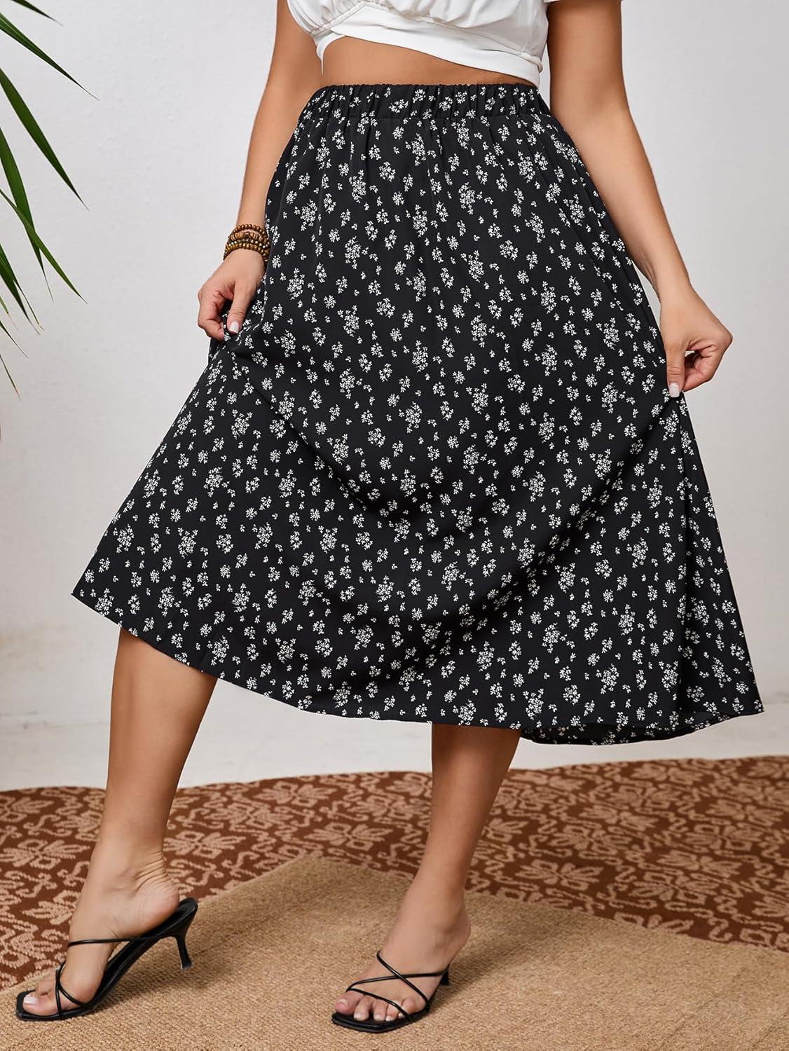imageSOLY HUX Womens Plus Size Vintage High Waist A Line Flared Midi Skirt Floral Print Casual Long SkirtsBlack