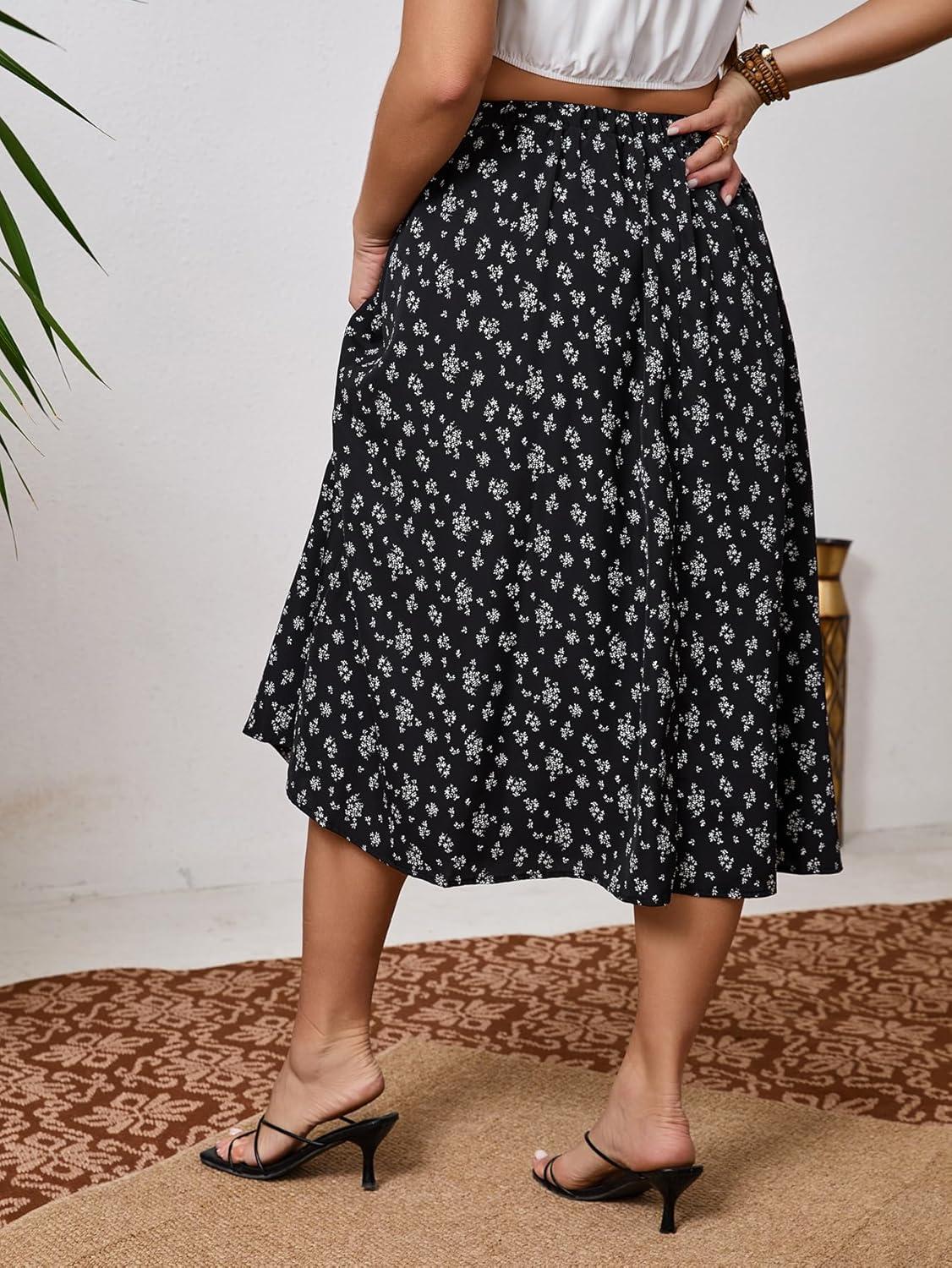 imageSOLY HUX Womens Plus Size Vintage High Waist A Line Flared Midi Skirt Floral Print Casual Long SkirtsBlack