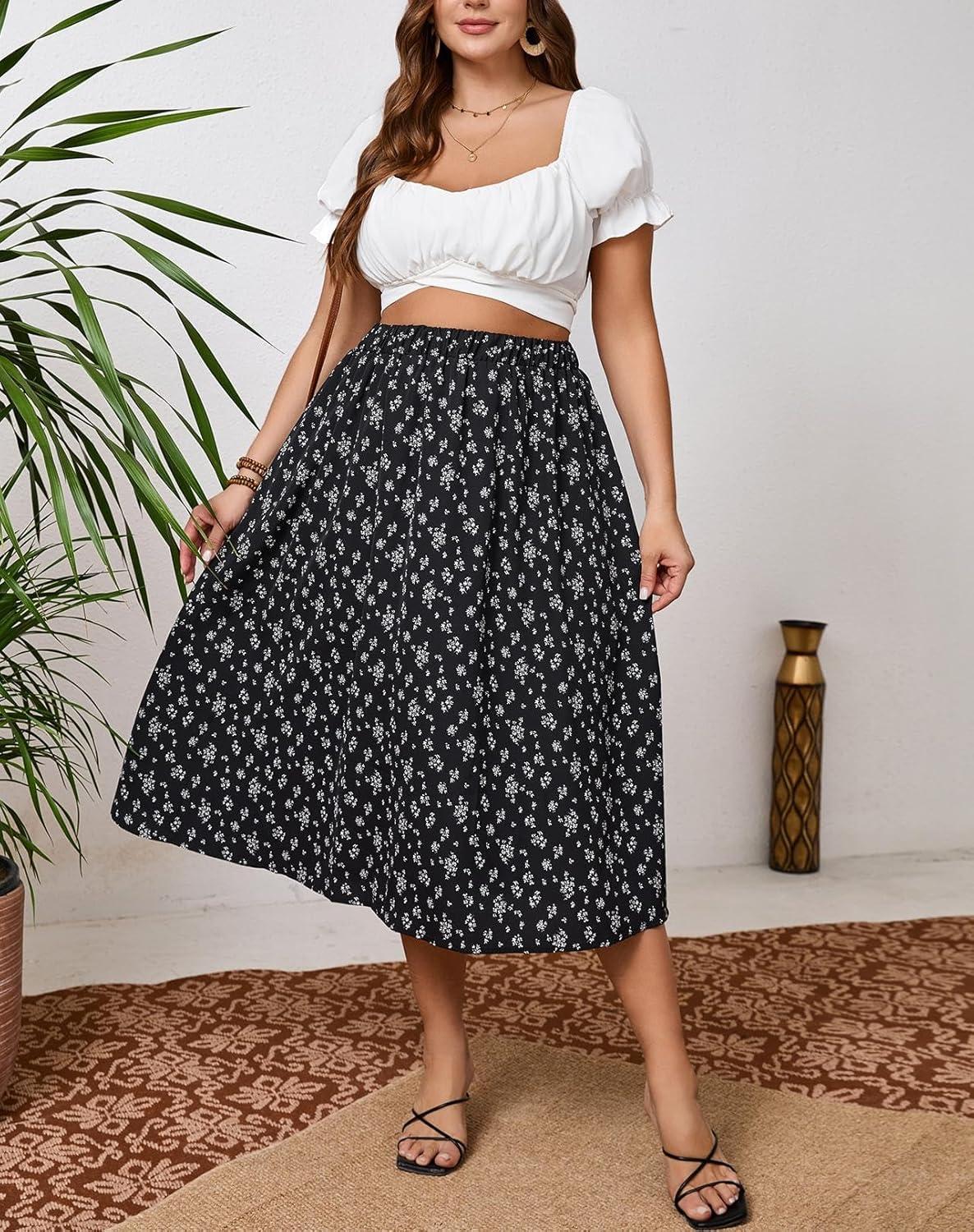 imageSOLY HUX Womens Plus Size Vintage High Waist A Line Flared Midi Skirt Floral Print Casual Long SkirtsBlack