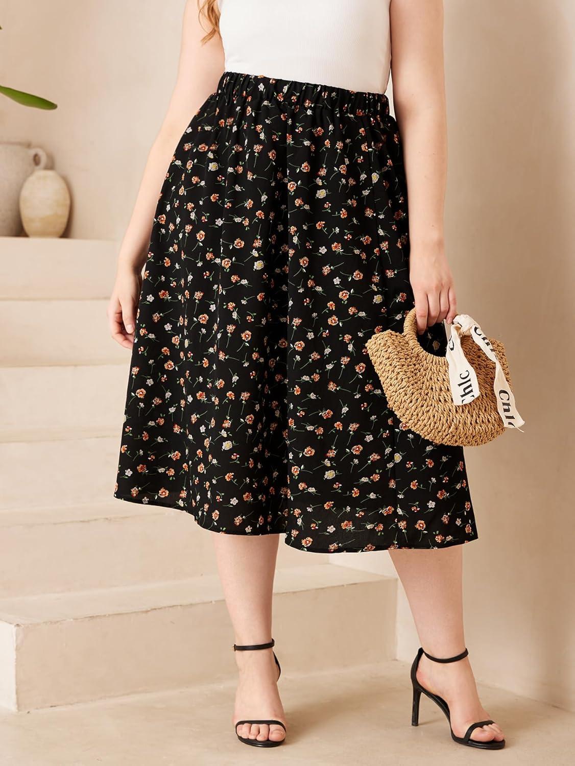 imageSOLY HUX Womens Plus Size Vintage High Waist A Line Flared Midi Skirt Floral Print Casual Long SkirtsBlack Floral