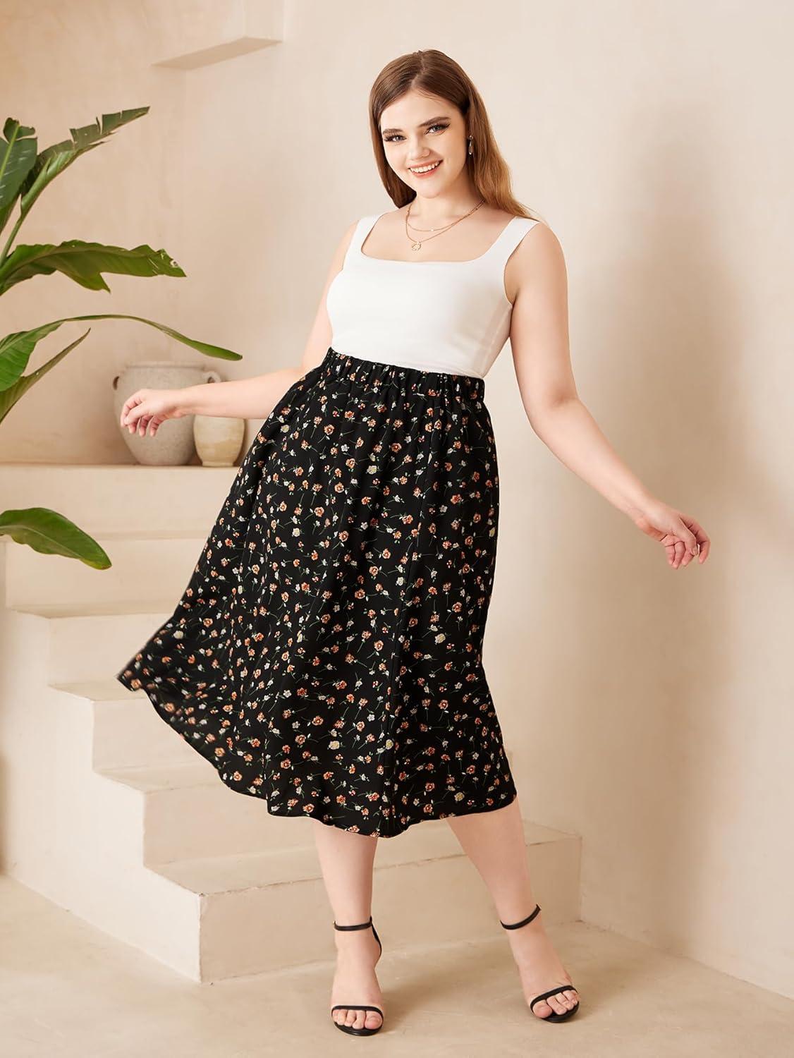 imageSOLY HUX Womens Plus Size Vintage High Waist A Line Flared Midi Skirt Floral Print Casual Long SkirtsBlack Floral