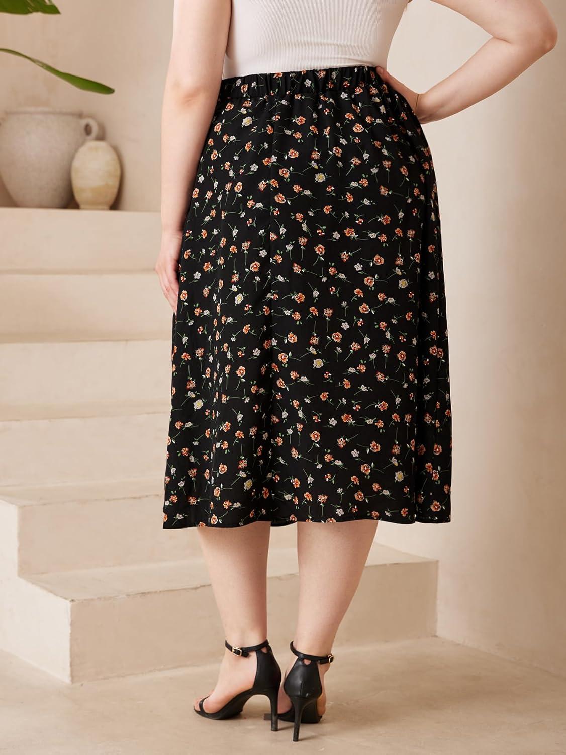imageSOLY HUX Womens Plus Size Vintage High Waist A Line Flared Midi Skirt Floral Print Casual Long SkirtsBlack Floral