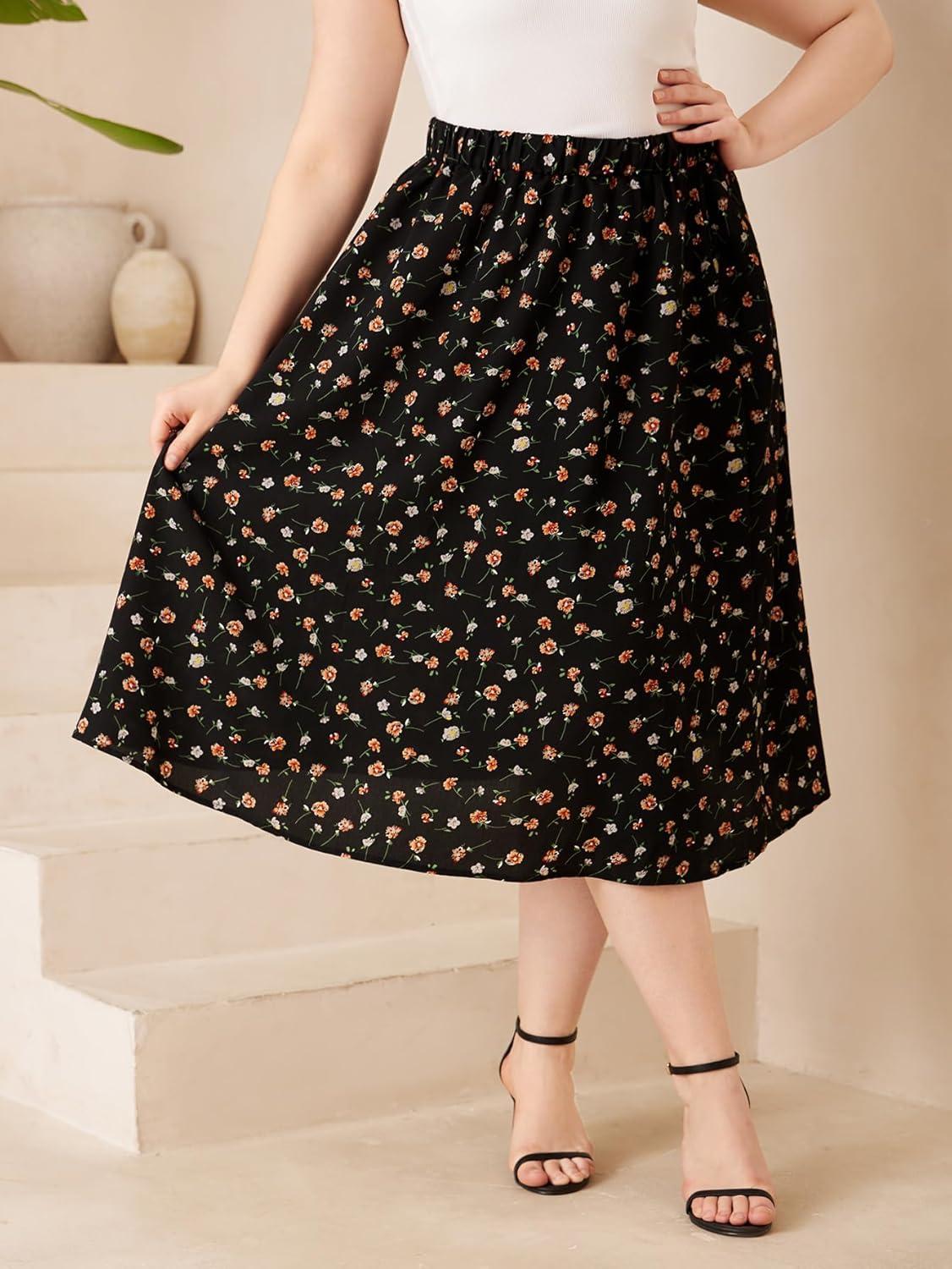 imageSOLY HUX Womens Plus Size Vintage High Waist A Line Flared Midi Skirt Floral Print Casual Long SkirtsBlack Floral