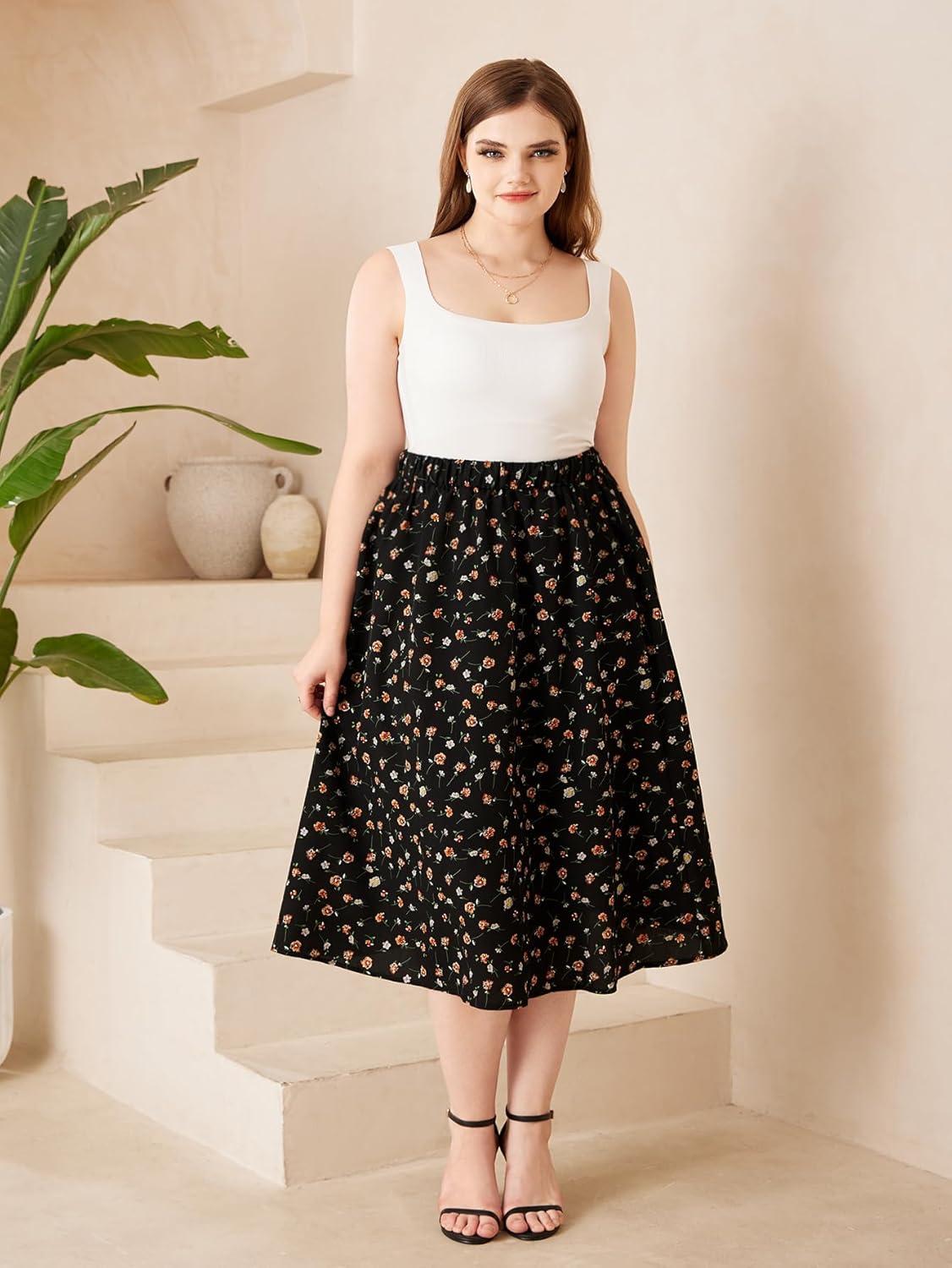 imageSOLY HUX Womens Plus Size Vintage High Waist A Line Flared Midi Skirt Floral Print Casual Long SkirtsBlack Floral
