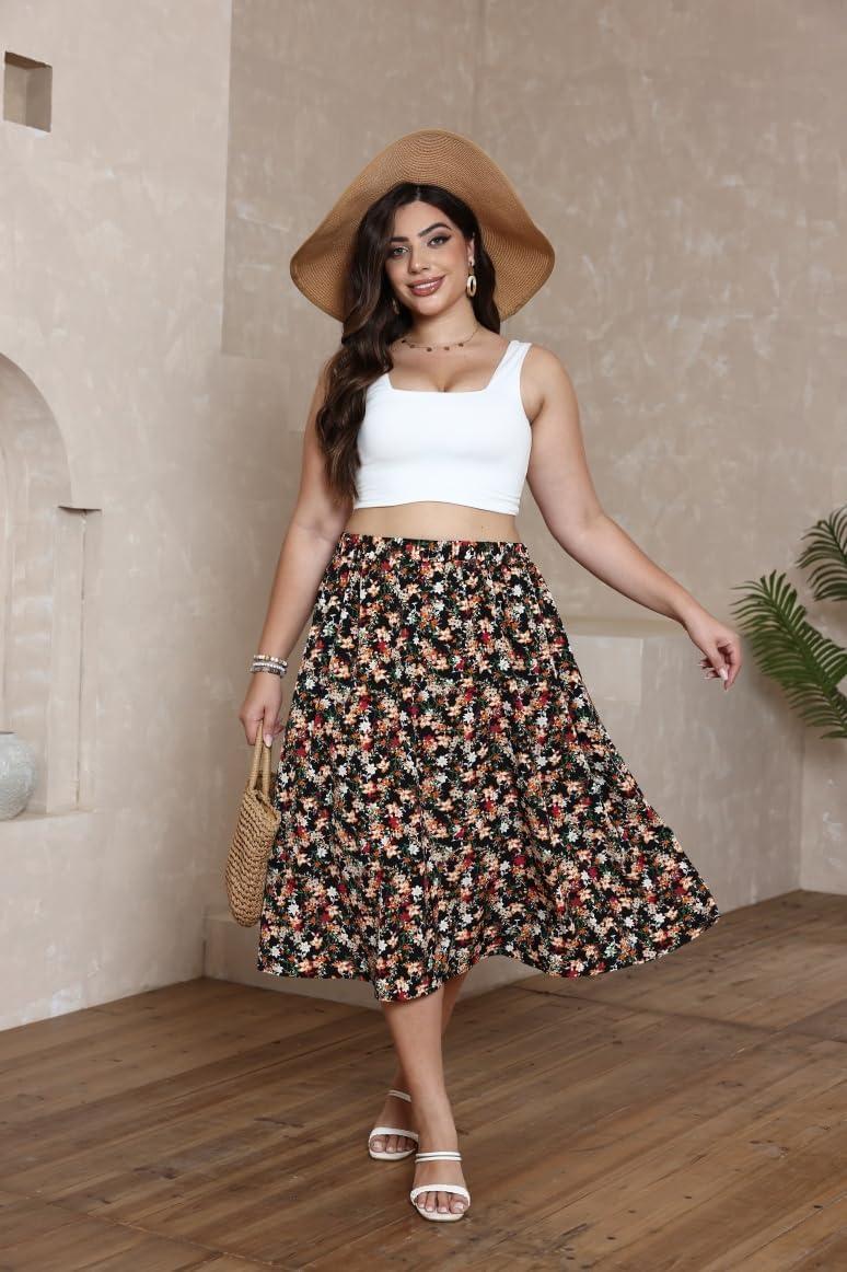 imageSOLY HUX Womens Plus Size Vintage High Waist A Line Flared Midi Skirt Floral Print Casual Long SkirtsFlower Black