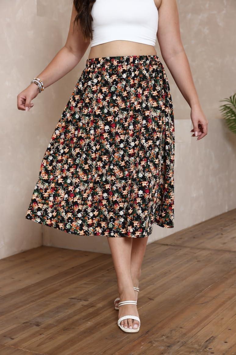 imageSOLY HUX Womens Plus Size Vintage High Waist A Line Flared Midi Skirt Floral Print Casual Long SkirtsFlower Black