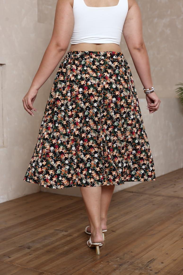 imageSOLY HUX Womens Plus Size Vintage High Waist A Line Flared Midi Skirt Floral Print Casual Long SkirtsFlower Black
