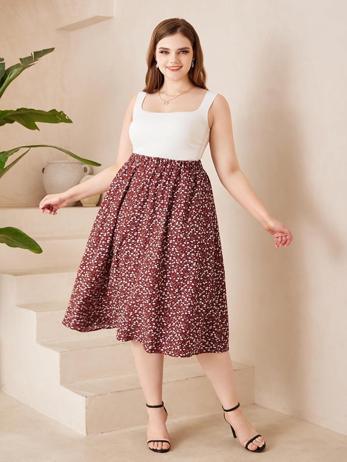 imageSOLY HUX Womens Plus Size Vintage High Waist A Line Flared Midi Skirt Floral Print Casual Long SkirtsRed Floral