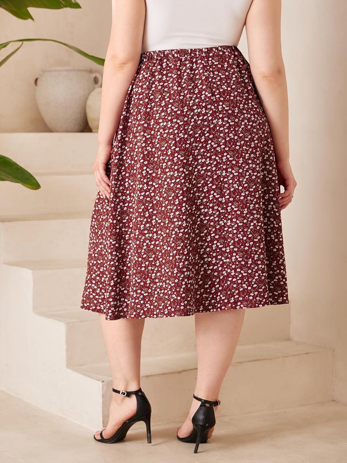 imageSOLY HUX Womens Plus Size Vintage High Waist A Line Flared Midi Skirt Floral Print Casual Long SkirtsRed Floral