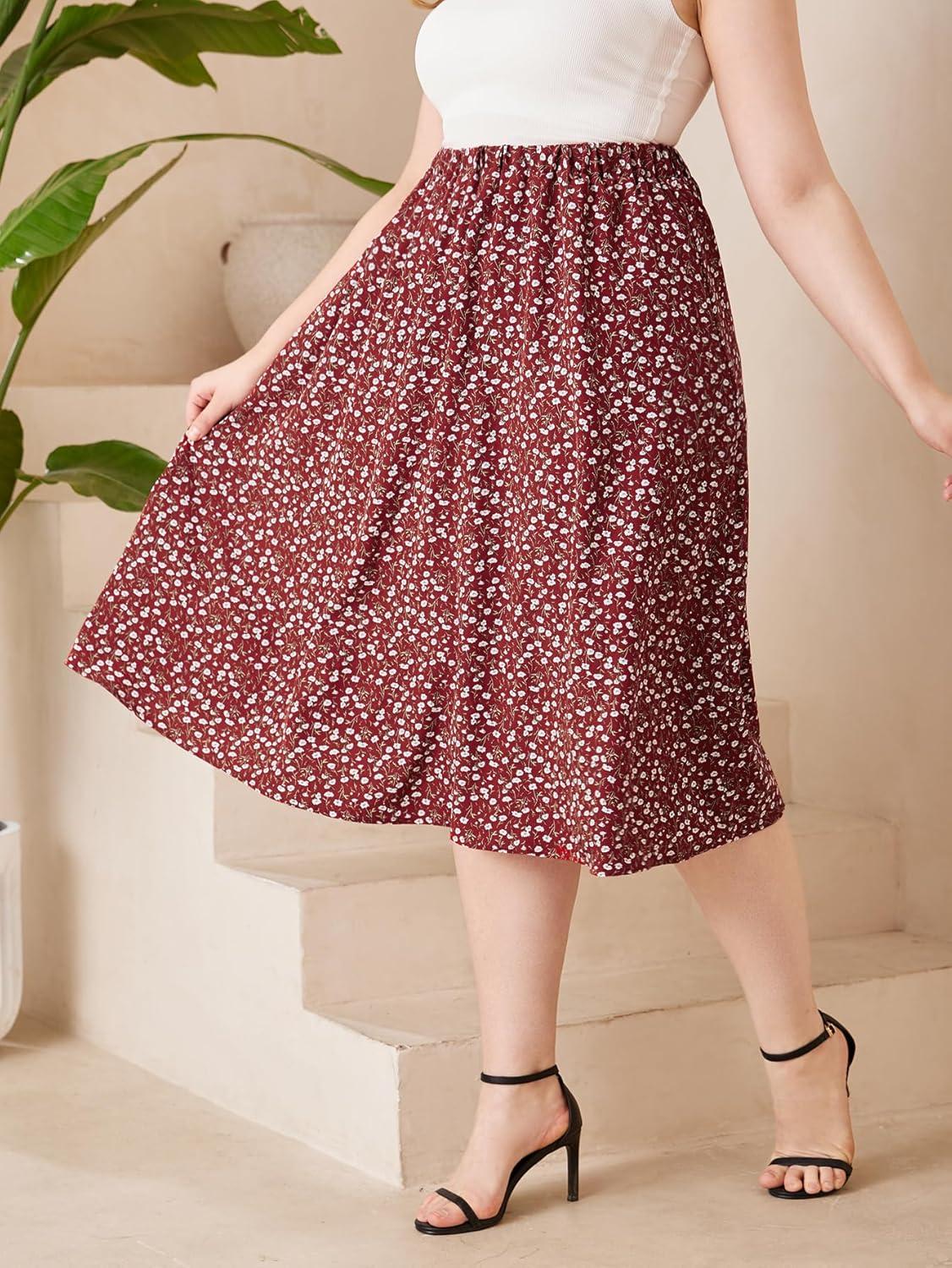 imageSOLY HUX Womens Plus Size Vintage High Waist A Line Flared Midi Skirt Floral Print Casual Long SkirtsRed Floral