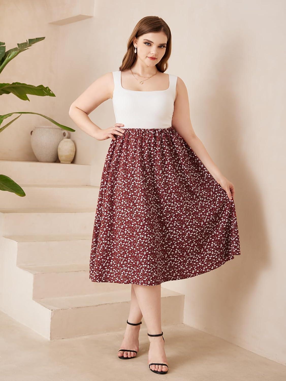 imageSOLY HUX Womens Plus Size Vintage High Waist A Line Flared Midi Skirt Floral Print Casual Long SkirtsRed Floral
