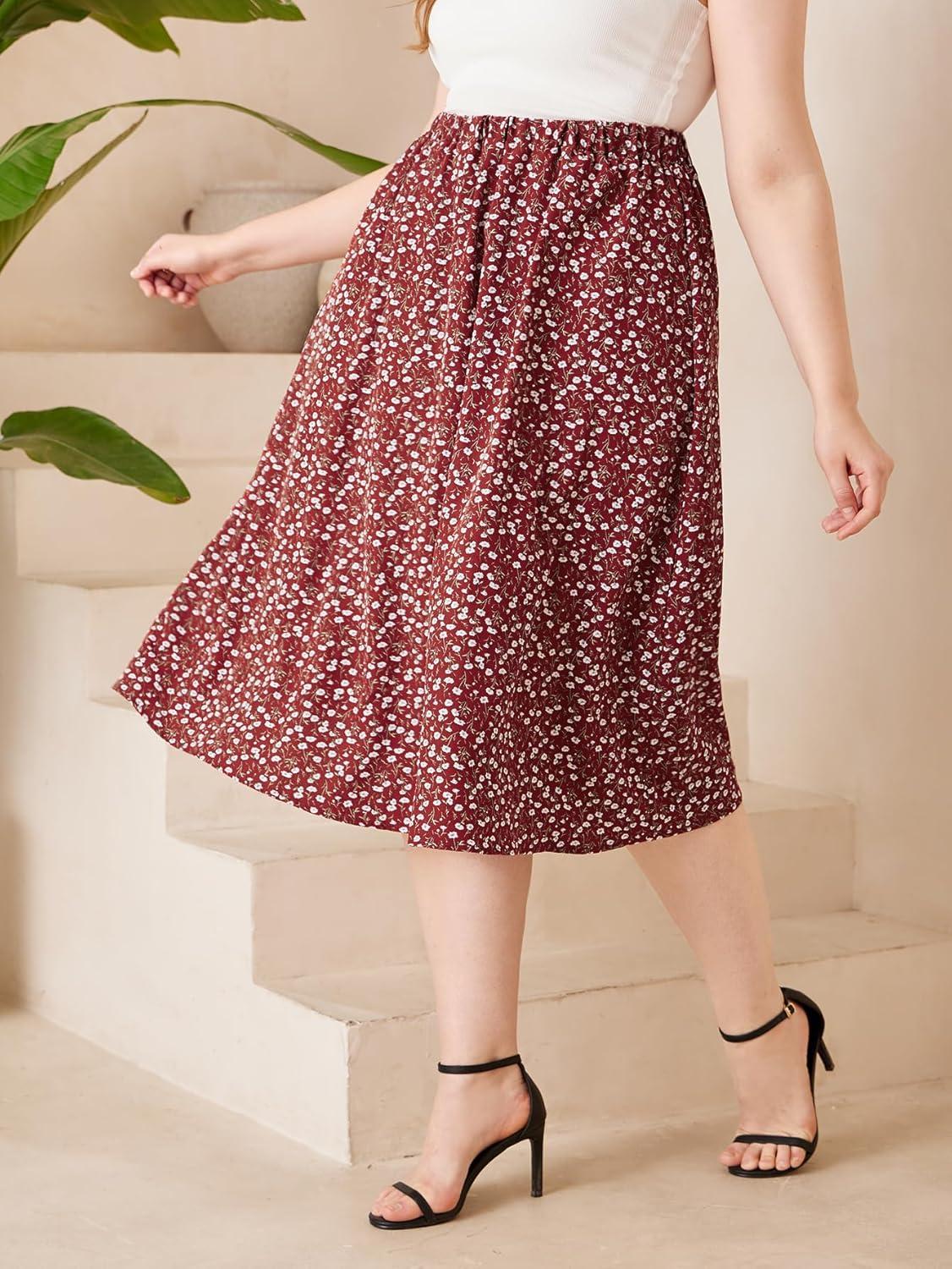 imageSOLY HUX Womens Plus Size Vintage High Waist A Line Flared Midi Skirt Floral Print Casual Long SkirtsRed Floral