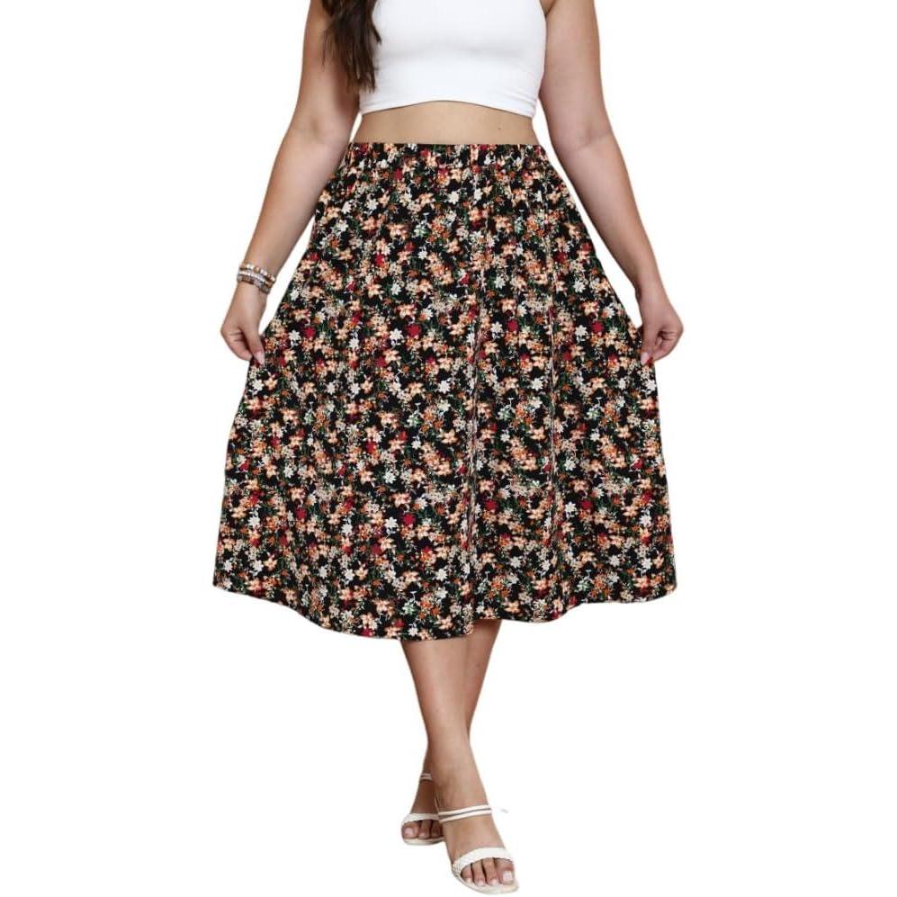 imageSOLY HUX Womens Plus Size Vintage High Waist A Line Flared Midi Skirt Floral Print Casual Long SkirtsFlower Black